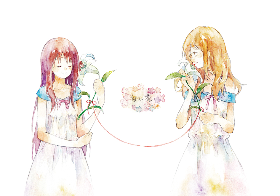 2girls bare_arms blonde_hair closed_eyes commentary_request dress flower hand_up holding holding_plant leaf long_hair looking_at_another moekon multiple_girls original painting_(medium) parted_lips plant profile red_hair sidelocks simple_background standing string string_of_fate traditional_media water_lily_flower watercolor_(medium) white_background white_dress white_flower yuri