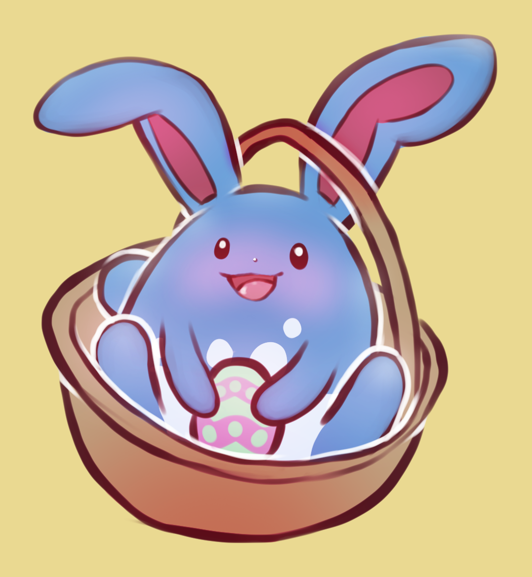 ambiguous_gender azumarill basket blue_body blue_fur blush container easter easter_egg feet_up feral floofyskydraws fur generation_2_pokemon holding_object holidays lagomorph leporid mammal nintendo pink_ears pokemon pokemon_(species) rabbit simple_background sitting smile solo yellow_background