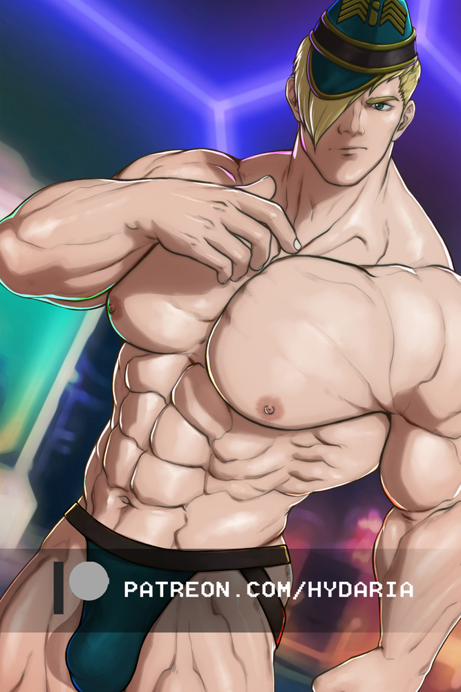 1boy :/ abs bara blonde_hair brown_male_underwear bulge cowboy_shot dutch_angle ed_(street_fighter) edging_underwear frown green_male_underwear hair_over_eyes hand_up hydaria jockstrap large_pectorals looking_at_viewer male_focus male_underwear muscular muscular_male navel nipples paid_reward_available pectorals short_hair sideburns solo stomach street_fighter topless_male underwear watermark