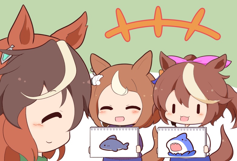 +++ 3girls :d ^_^ animal_ears blue_shorts blush_stickers brown_hair chibi closed_eyes closed_mouth gomashio_(goma_feet) green_background green_shirt hair_between_eyes hair_ribbon holding hood hood_down hoodie horse_ears horse_girl horse_tail long_hair multicolored_hair multiple_girls pink_ribbon ponytail purple_shirt ribbon shirt shorts smile streaked_hair symboli_rudolf_(umamusume) tail tokai_teio_(umamusume) tsurumaru_tsuyoshi_(umamusume) two-tone_background umamusume white_background white_hair white_hoodie |_|