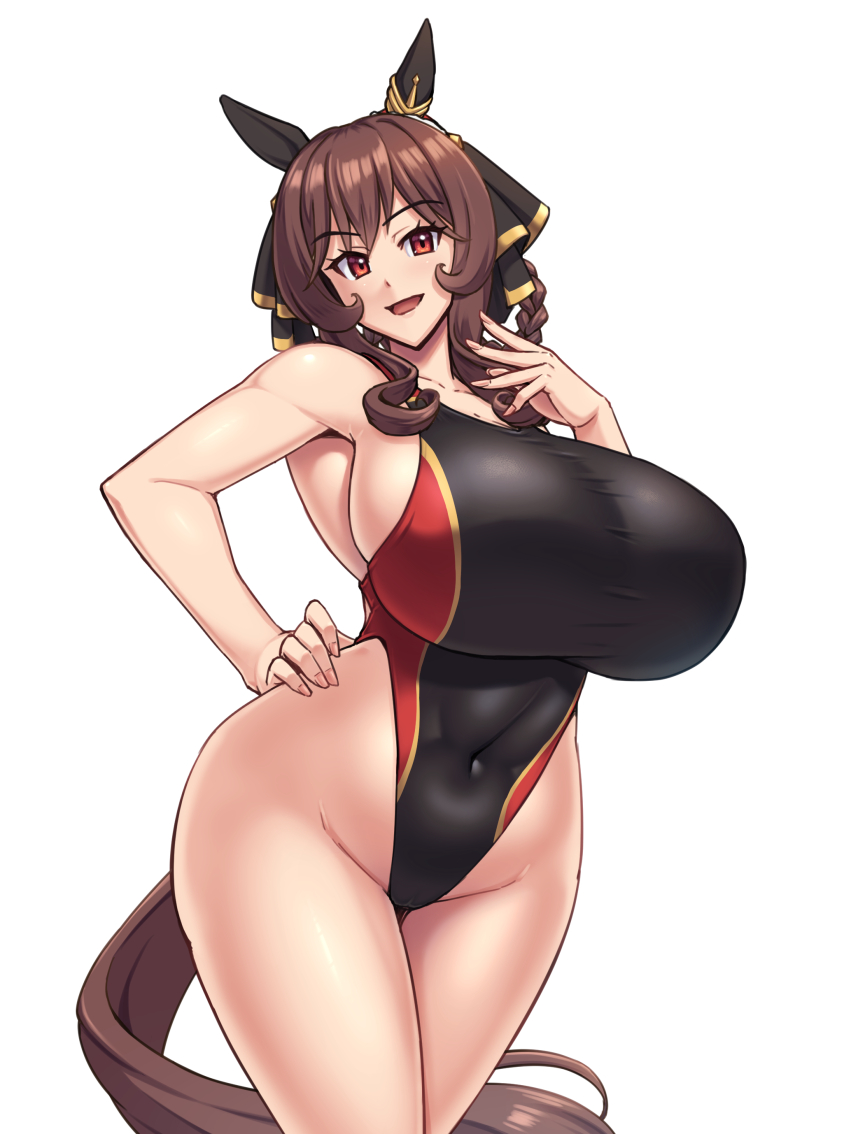 1girl alternate_costume animal_ears bare_shoulders black_one-piece_swimsuit braided_hair_rings breasts brown_hair commentary_request covered_navel cowboy_shot ear_covers ear_ornament gentildonna_(umamusume) hand_on_own_hip highleg highleg_swimsuit horse_ears horse_girl horse_tail kawanuma_uotsuri large_breasts one-piece_swimsuit open_mouth red_eyes simple_background smile solo swimsuit tail umamusume white_background