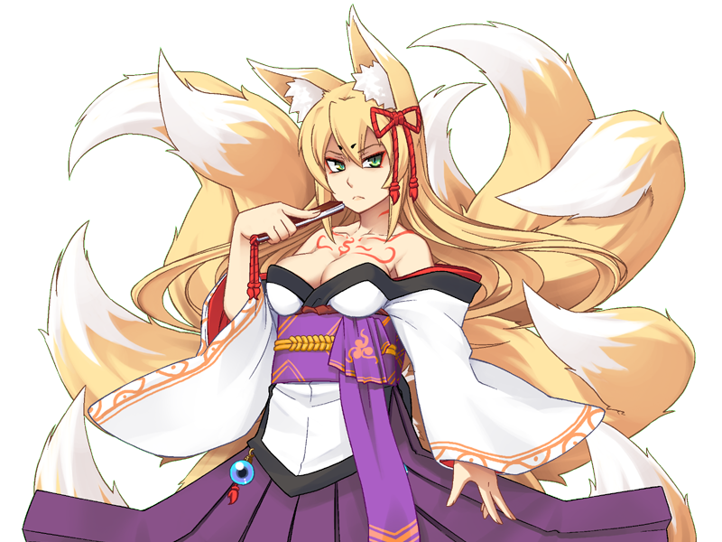 1girl aged_up animal_ear_fluff animal_ears bare_shoulders blonde_hair bmp-to-png_conversion breasts chest_tattoo cleavage closed_mouth collarbone cowboy_shot eyeshadow folding_fan fox_ears fox_girl fox_tail game_cg green_eyes hair_between_eyes hakama hakama_skirt hand_fan hand_on_own_hip holding holding_fan japanese_clothes jingai_modoki kimono kitsune large_breasts light_frown long_hair looking_at_viewer makeup mon-musu_quest! monster_girl multiple_tails neck_tattoo non-web_source obi purple_hakama purple_sash red_eyeshadow sash simple_background skirt slit_pupils solo tail tamamo_(mon-musu_quest!) tattoo transparent_background very_long_hair white_kimono wide_sleeves