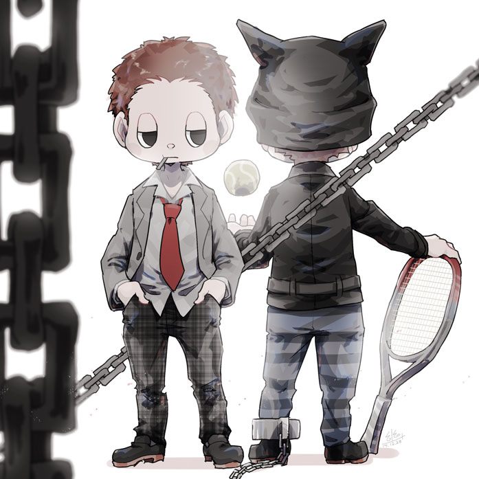 2boys animal_ear_headwear animal_ears ball beanie belt black_eyes black_footwear black_hat black_jacket black_pants black_sleeves blue_pants blush_stickers brown_hair candy_stick cat_ears chain closed_mouth coattails collared_jacket collared_shirt commentary_request cuffs danganronpa_(series) danganronpa_v3:_killing_harmony dated dual_persona expressionless fake_animal_ears food_in_mouth from_behind full_body grey_belt grey_jacket grey_sleeves half-closed_eyes hands_in_pockets hat holding_tennis_racket hoshi_ryoma jacket layered_sleeves long_sleeves multiple_boys necktie open_clothes open_jacket pants plaid plaid_pants red_necktie school_uniform shackles shadow shirt shoes short_hair signature simple_background single_ankle_cuff standing straight-on tennis_ball throwing two-tone_pants u_u_ki_u_u white_background white_shirt