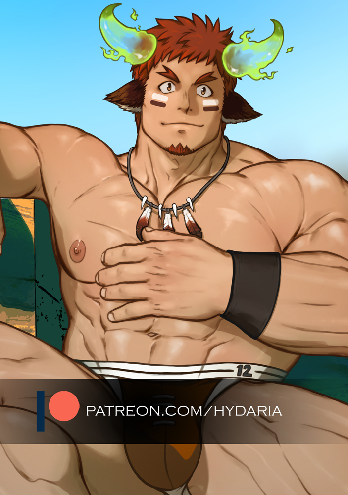 1boy abs animal_ears bara brown_male_underwear bulge cow_boy cow_ears cow_horns cowboy_shot dark-skinned_male dark_skin eye_black facial_hair feather_necklace fiery_horns forked_eyebrows glowing_horns goatee hand_up horns hydaria jewelry jockstrap large_pectorals looking_ahead looking_at_viewer male_focus male_underwear muscular muscular_male navel necklace nipples paid_reward_available pectorals rugby_underwear sanpaku short_hair sitting smile solo spiked_hair spread_legs stomach strongman_waist thick_eyebrows tokyo_afterschool_summoners topless_male underwear wakan_tanka watermark