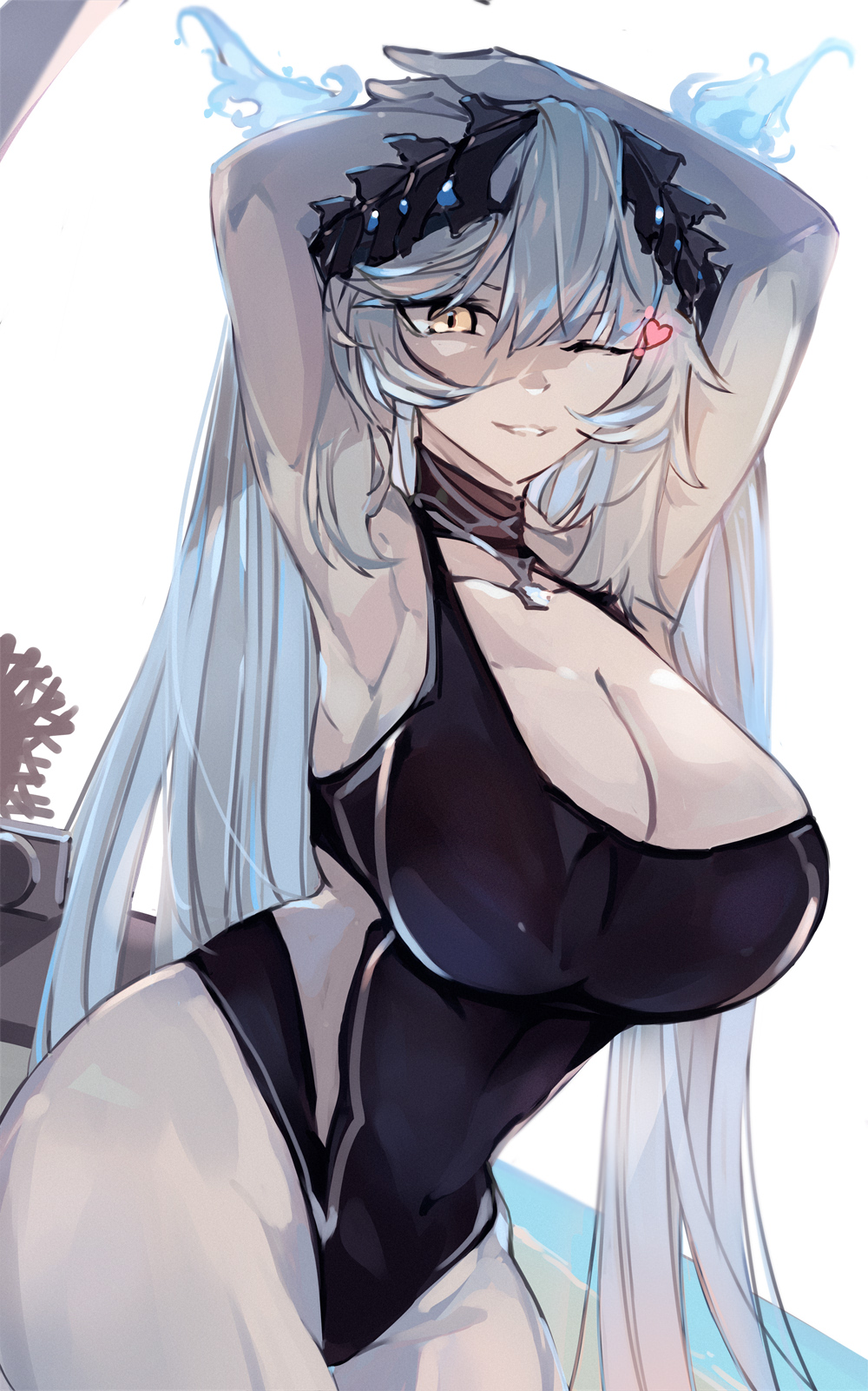 1girl azur_lane beach blue_fire blue_hair breasts camera cleavage commission enforcer_ix_exploration_(azur_lane) fire hair_between_eyes highres jewelry large_breasts long_hair looking_at_viewer necklace one-piece_swimsuit one_eye_closed shika_(shika0) siren_(azur_lane) skeb_commission solo swimsuit