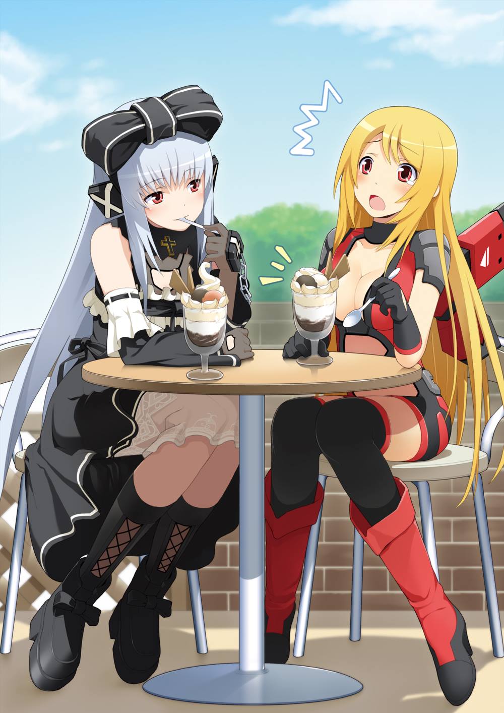 2girls blonde_hair blurry blurry_background blush boots breasts chain chair cleavage clothing_cutout cloud cloudy_sky cosmic_break cosmic_break_2 crimrose cross detached_sleeves dress eating full_body goth_fashion gothic_lolita grey_hair highres holding holding_spoon ice_cream_cup ivis lolita_fashion long_hair mecha_musume multiple_girls official_art open_mouth outdoors red_eyes ribbon second-party_source sitting sky spoon stomach_cutout surprised table tearing_up thighhighs tree utensil_in_mouth very_long_hair wakaba_sprout