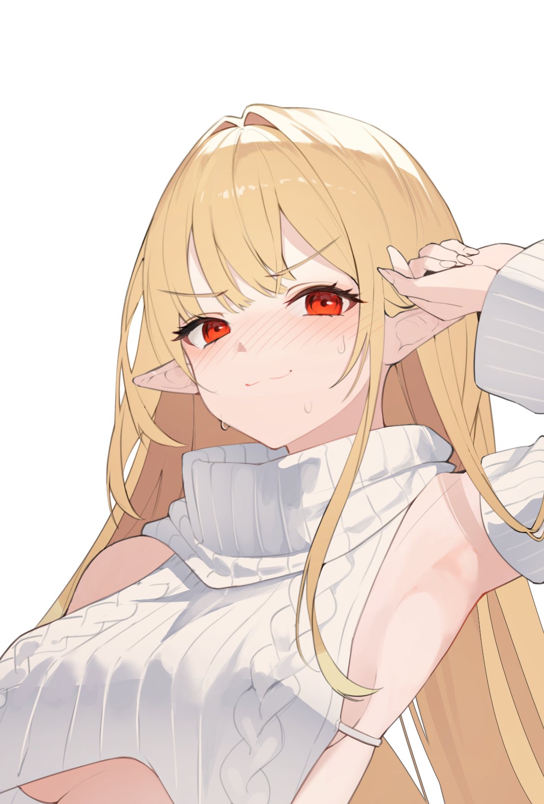 1girl :3 arm_up armpits bare_shoulders battle_mage_(dungeon_and_fighter) blonde_hair blush breasts cable_knit chukibabo2 closed_mouth crop_top detached_sleeves dungeon_and_fighter hair_intakes highres long_hair long_sleeves looking_at_viewer mage_(dungeon_and_fighter) medium_breasts meme_attire nose_blush original pointy_ears red_eyes revealing_clothes ribbed_sleeves ribbed_sweater sidelocks simple_background sleeveless sleeveless_sweater sleeveless_turtleneck smile solo sweat sweater turtleneck underboob upper_body v-shaped_eyebrows virgin_destroyer_sweater white_background