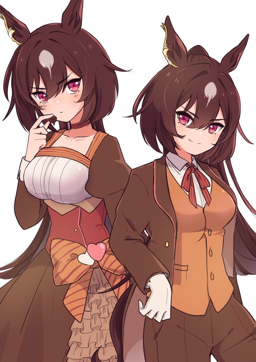 1girl animal_ears artist_name black_jacket black_pants breasts brown_dress brown_hair collared_shirt commentary_request cowboy_shot cross_tie den_den_tumuri dress ear_ornament gloves hair_between_eyes hand_on_own_hip highres horse_ears horse_girl horse_tail jacket long_hair long_sleeves looking_at_viewer medium_breasts multicolored_hair multiple_views official_alternate_costume open_clothes open_jacket open_mouth pants red_eyes shirt simple_background sirius_symboli_(escorte_etoile)_(umamusume) sirius_symboli_(umamusume) smile streaked_hair tail tailcoat umamusume v-shaped_eyebrows watermark white_background white_gloves white_hair white_shirt
