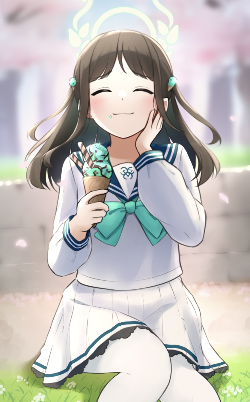 1girl airi_(blue_archive) aqua_bow aqua_bowtie blue_archive blue_sailor_collar bow bowtie brown_hair cherry_blossoms closed_eyes closed_mouth commentary_request eating falling_petals feet_out_of_frame food food_on_face grass hand_on_own_cheek hand_on_own_face highres holding holding_ice_cream_cone ice_cream_cone knees_together_feet_apart long_sleeves medium_hair mint_chocolate outdoors petals pleated_skirt sailor_collar school_uniform serafuku shirt sitting skirt smile solo tezaduuuuun white_serafuku white_shirt white_skirt