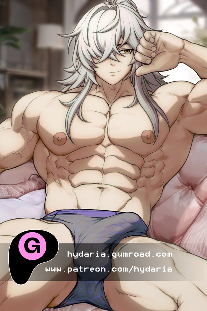 1boy abs alternate_muscle_size bara bulge couch cowboy_shot erection erection_under_clothes hair_over_one_eye honkai:_star_rail honkai_(series) hydaria jing_yuan large_pectorals long_hair looking_at_viewer male_focus mole mole_under_eye muscular muscular_male navel nipples on_couch paid_reward_available pectorals sitting smirk solo stomach thighs topless_male veins veiny_arms watermark white_hair yellow_eyes