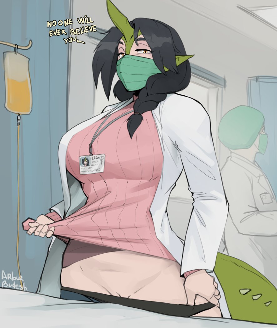 1girl arbuz_budesh artist_name black_panties breasts clothes_lift clothes_pull coat covered_mouth exhibitionism flashing hand_on_own_hip horns hospital huge_breasts indoors looking_at_viewer mask monster_girl mouth_mask name_tag open_clothes open_coat original panties pants pants_pull panty_pull pink_skirt pointy_ears pov public_indecency pussy shirt_lift single_horn skirt solo_focus surgical_mask underwear white_coat yellow_eyes