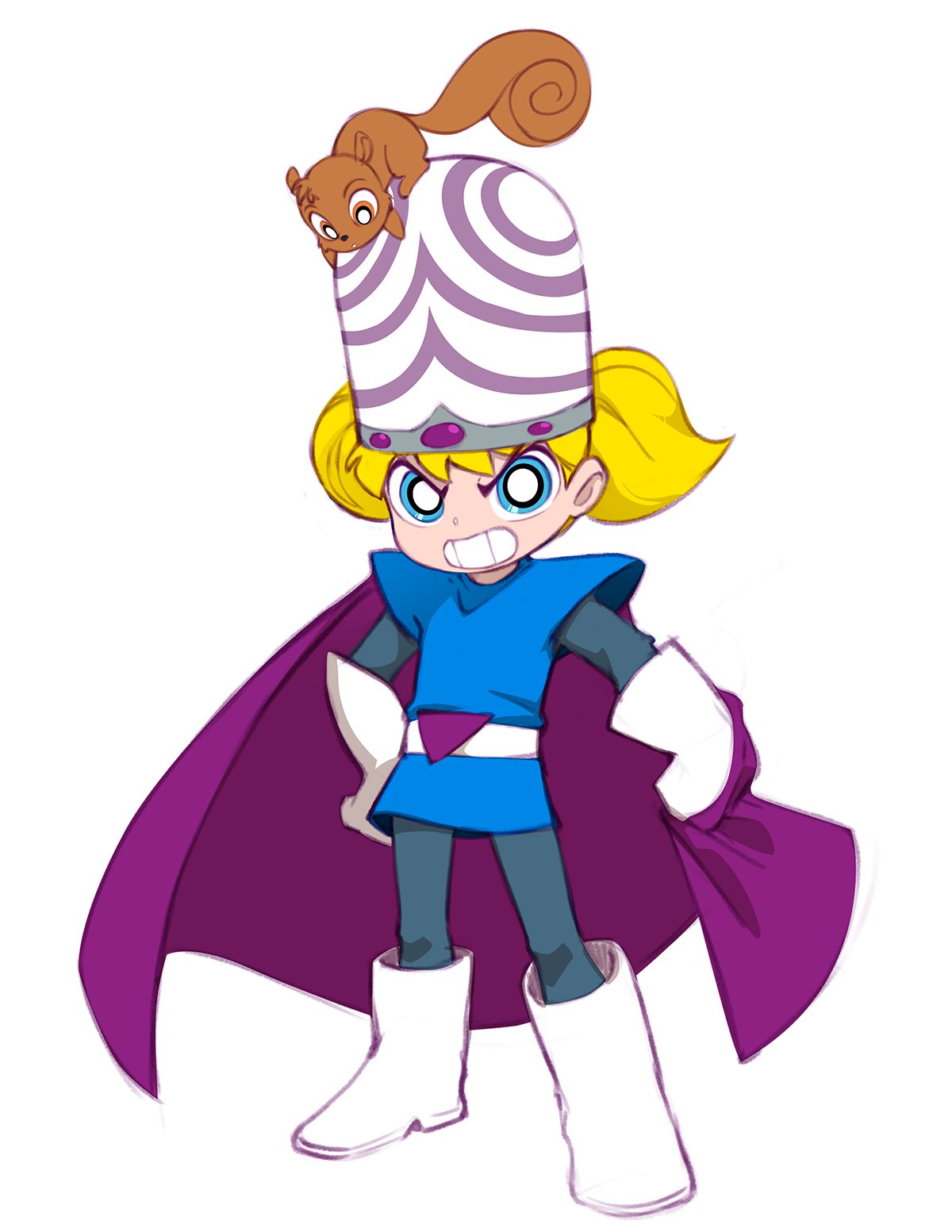 1girl animal_on_head belt bleedman blonde_hair blue_eyes blue_shirt cape copyright_request full_body gloves green_pants grin highres long_sleeves mojo_jojo on_head pants powerpuff_girls red_cape shirt simple_background smile solo squirrel standing teeth twintails white_background white_belt white_footwear white_gloves