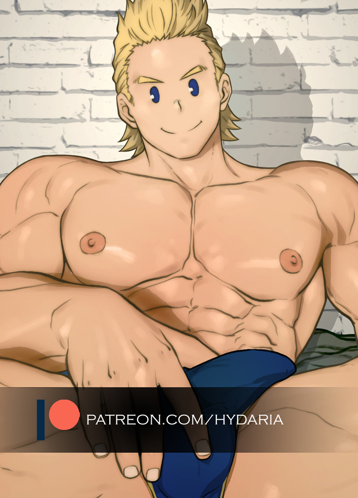 1boy abs bara blonde_hair blue_eyes blue_male_underwear boku_no_hero_academia brick_wall briefs bulge cowboy_shot crotch_grab erection erection_under_clothes facial_hair hydaria large_pectorals looking_at_viewer male_focus male_underwear muscular muscular_male navel nipples pac-man_eyes paid_reward_available pectorals short_hair sideburns_stubble sitting smile solo spiked_hair stomach stubble togata_mirio topless_male underwear watermark