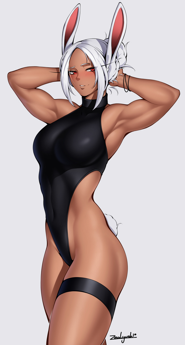 1girl animal_ears armpits arms_behind_head arms_up black_one-piece_swimsuit blush boku_no_hero_academia breasts covered_navel dark-skinned_female dark_skin hair_bun highleg highleg_swimsuit highres large_breasts long_eyelashes long_hair looking_at_viewer mirko one-piece_swimsuit parted_bangs parted_lips rabbit_ears rabbit_girl rabbit_tail red_eyes signature single_hair_bun smile solo swimsuit tail thigh_strap thighs toned turtleneck_swimsuit white_background white_hair wrist_straps zealyush