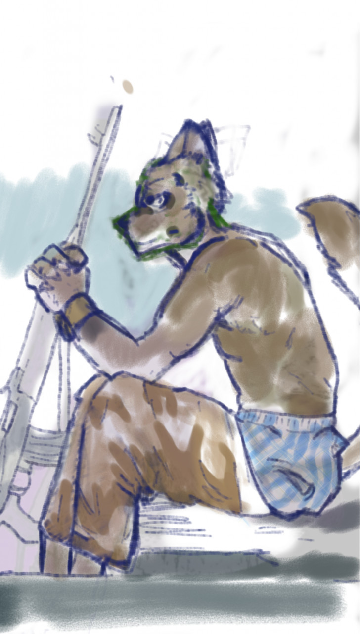 anthro boxers_(clothing) bracelet canid canine canis clothing gun hi_res jewelry male mammal military military_pants raised_tail ranged_weapon rifle shirtless_male sniper_rifle soldier solo swordsofsevens tail underwear underwear_showing warrior weapon wolf