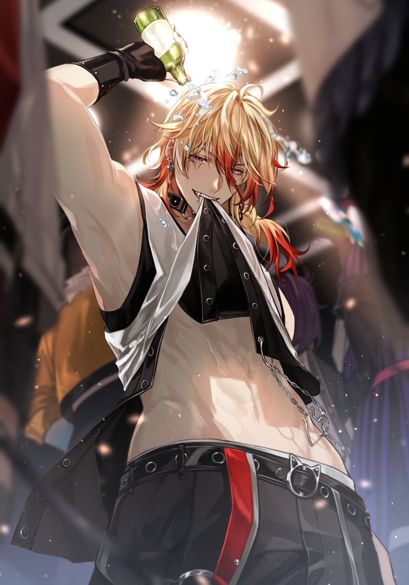 6+boys alcohol axel_syrios axel_syrios_(2nd_costume) banzoin_hakka black_choker black_gloves black_pants blonde_hair blue_eyes bottle choker clothes_in_mouth clothes_lift crescent_(cgcrescent) ear_piercing fangs fingerless_gloves gavis_bettel gloves groin hair_between_eyes highres holding holding_bottle holostars holostars_english josuiji_shinri layered_shirt long_hair looking_at_viewer low_ponytail machina_x_flayon male_focus multicolored_hair multiple_boys multiple_piercings pants piercing pouring pouring_onto_self red_hair regis_altare shirt shirt_lift sleeveless sleeveless_shirt smile solo_focus stomach streaked_hair teeth virtual_youtuber