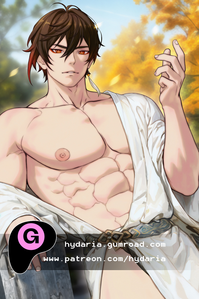 1boy abs alternate_pectoral_size autumn_leaves bara bare_pectorals brown_hair cowboy_shot earrings eyeshadow from_below genshin_impact hydaria japanese_clothes jewelry kimono large_pectorals looking_at_viewer makeup male_focus multicolored_hair muscular muscular_male off_shoulder open_clothes open_kimono paid_reward_available parted_lips pectorals red_eyeshadow short_hair sideburns single_earring solo stomach streaked_hair tassel tassel_earrings watermark zhongli_(genshin_impact)