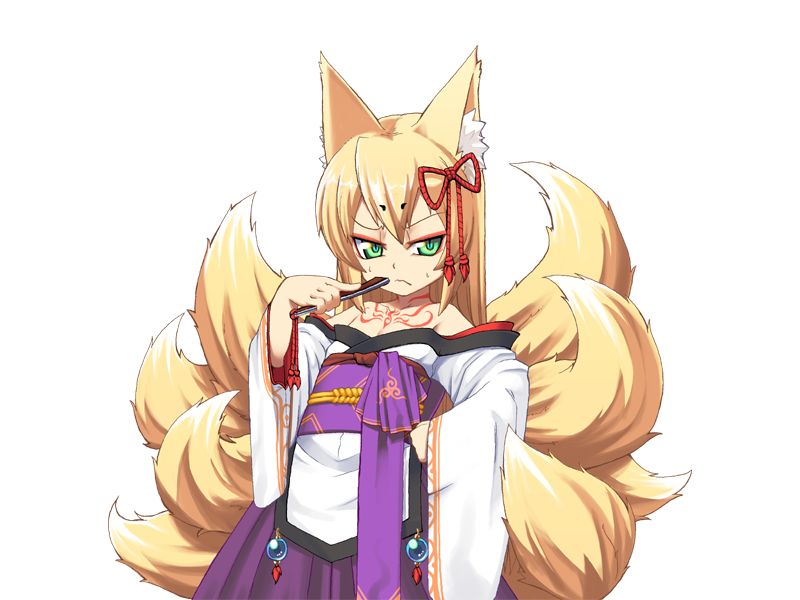 1girl animal_ear_fluff animal_ears bare_shoulders blonde_hair bmp-to-png_conversion chest_tattoo closed_mouth cowboy_shot eyeshadow folding_fan fox_ears fox_girl fox_tail game_cg green_eyes hair_between_eyes hakama hakama_skirt hand_fan hand_on_own_hip holding holding_fan japanese_clothes jingai_modoki kimono kitsune lolibaba long_hair looking_at_viewer makeup mon-musu_quest! monster_girl multiple_tails neck_tattoo non-web_source obi purple_hakama purple_sash red_eyeshadow sash simple_background skirt slit_pupils solo sweatdrop tail tamamo_(mon-musu_quest!) tattoo transparent_background v-shaped_eyebrows wavy_mouth white_kimono wide_sleeves