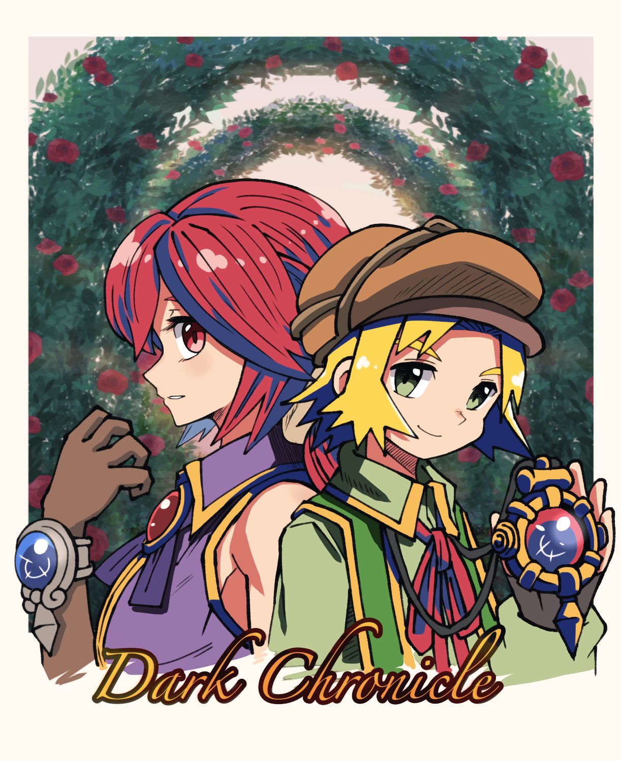 1boy 1girl batchgooya blonde_hair closed_mouth dark_chronicle fingerless_gloves flower gloves green_eyes hat highres long_hair looking_at_viewer max_(dark_chronicle) monica_(dark_chronicle) multi-tied_hair ponytail red_eyes red_flower red_hair red_rose ribbon rose smile very_long_hair