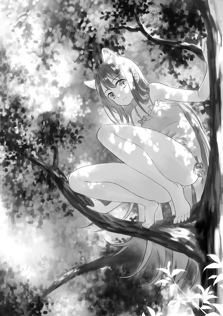 1girl animal_ears bare_legs barefoot closed_mouth commentary_request dappled_sunlight dress from_below full_body greyscale in_tree long_hair looking_at_viewer moekon monochrome original outdoors sitting sitting_in_tree sleeveless solo squatting straight_hair sunlight tail thighs tree very_long_hair wolf_ears wolf_girl wolf_tail