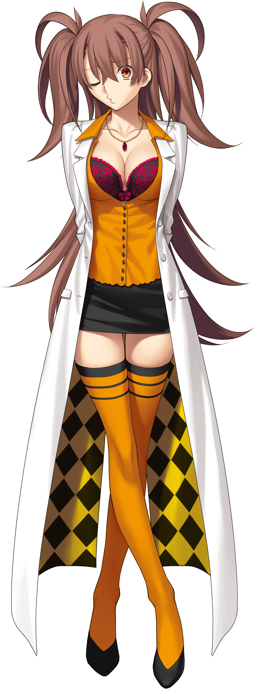 1girl bra breasts brown_hair dr._arach high_heels highres lab_coat lace lace_bra large_breasts long_hair non-web_source official_art orange_vest takeuchi_takashi thighhighs tsukihime tsukihime_(remake) underwear vest yellow_eyes