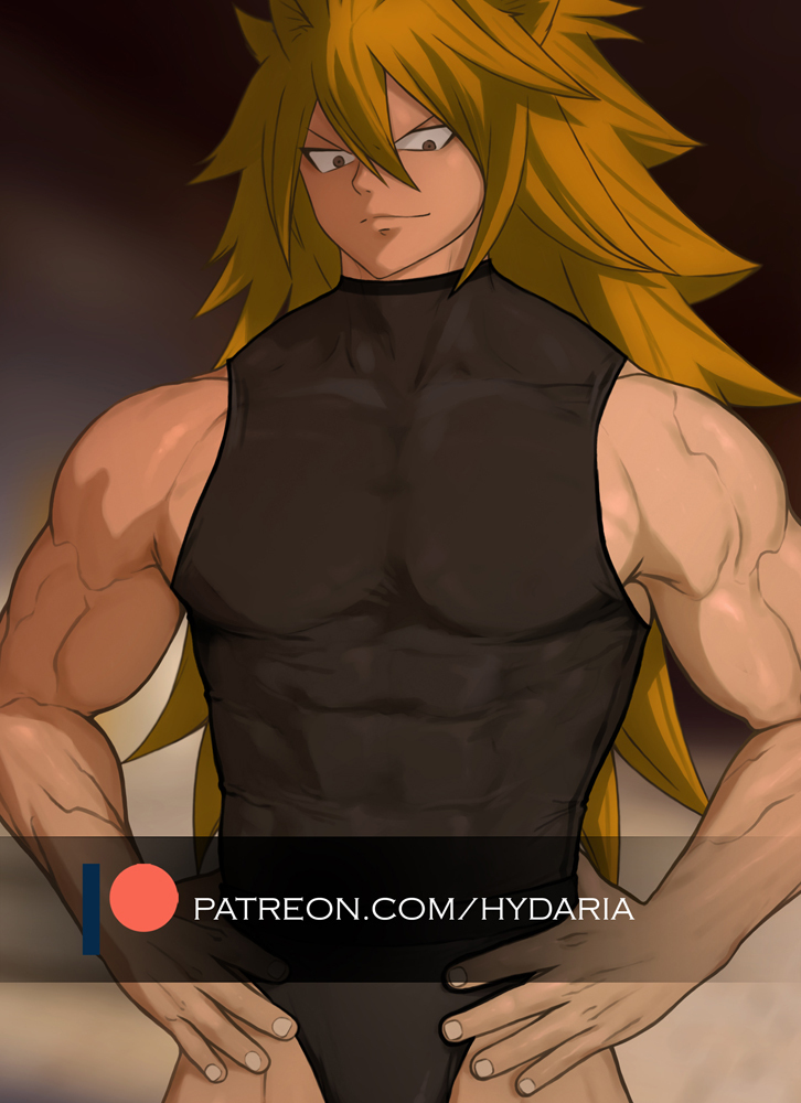 1boy bara bulge character_request cowboy_shot fairy_tail hydaria long_hair looking_at_viewer male_focus muscular muscular_male no_pants paid_reward_available pectorals shirt sidepec sleeveless sleeveless_shirt smile solo tight_clothes tight_shirt very_long_hair watermark wavy_hair