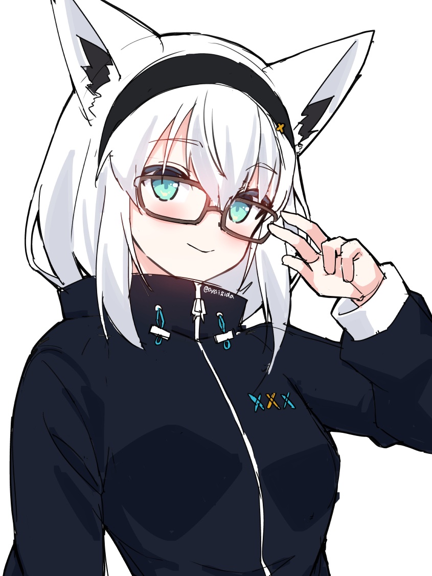 1girl adjusting_eyewear animal_ear_fluff animal_ears aqua_eyes black_hairband black_jacket brown-framed_eyewear commentary_request english_commentary fox_ears fox_girl glasses hair_between_eyes hairband hand_up hololive ishida_aya jacket long_hair looking_at_viewer mixed-language_commentary official_alternate_costume rectangular_eyewear shirakami_fubuki shirakami_fubuki_(loungewear) sidelocks simple_background sketch smile solo twitter_username upper_body virtual_youtuber white_background white_hair
