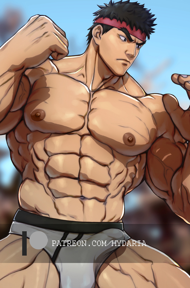 1boy abs bara black_hair briefs bulge covered_penis cowboy_shot erection erection_under_clothes fighting_stance from_side frown hydaria large_pectorals looking_ahead looking_at_viewer male_focus male_underwear muscular muscular_male navel nipples paid_reward_available pectorals ryu_(street_fighter) short_hair shredded_muscles solo stomach street_fighter strongman_waist thighs topless_male underwear watermark wavy_hair white_male_underwear