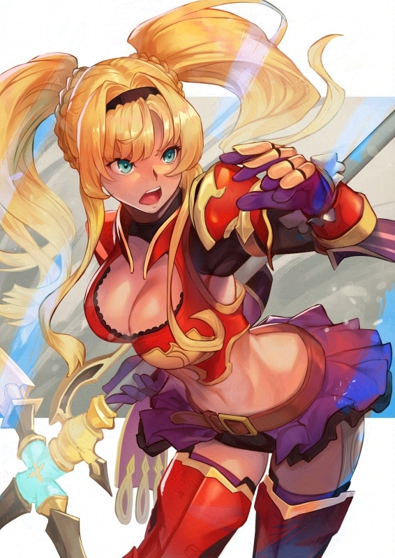 1girl armor blonde_hair blue_eyes boots breasts cleavage gauntlets granblue_fantasy hair_intakes hairband hinoru_saikusa holding holding_weapon large_breasts long_hair open_mouth polearm red_armor shoulder_armor solo thigh_boots twintails weapon zeta_(granblue_fantasy)