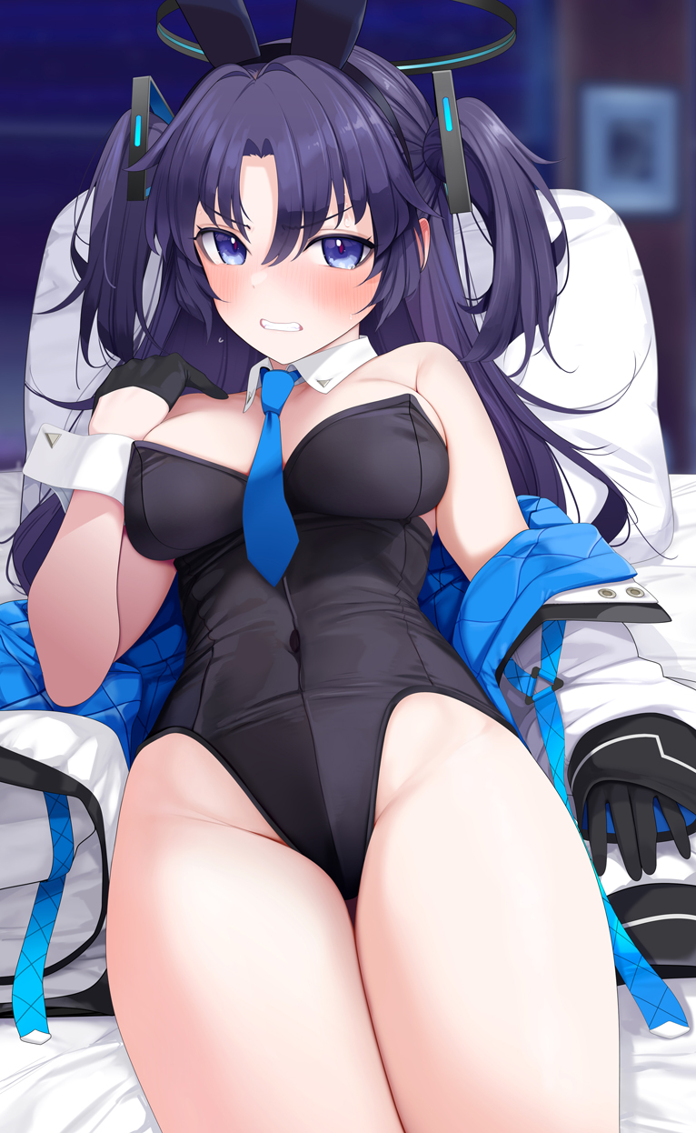 1girl animal_ears black_gloves black_leotard blue_archive blush breasts clenched_teeth covered_navel cowboy_shot detached_collar fake_animal_ears fed_(giba) gloves groin halo highres jacket leotard long_hair mechanical_halo medium_breasts purple_eyes purple_hair rabbit_ears solo strapless strapless_leotard teeth two-sided_fabric two-sided_jacket two_side_up white_jacket yuuka_(blue_archive)