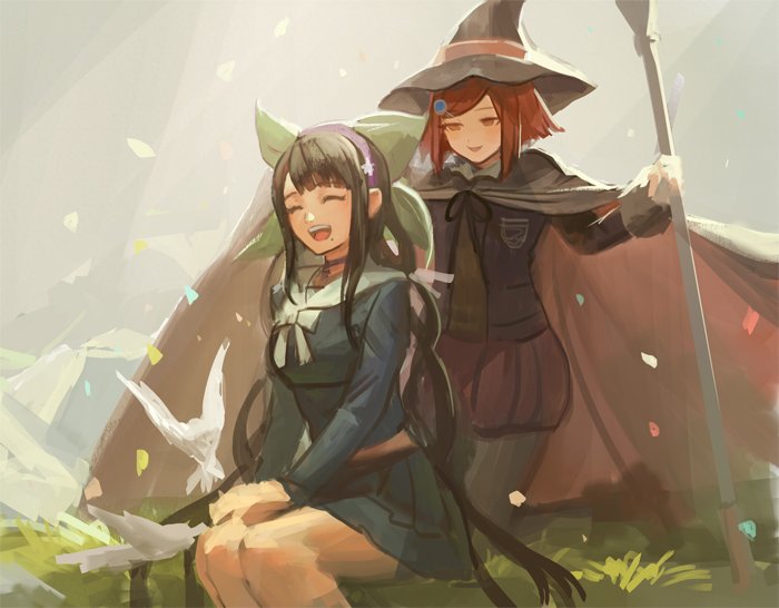 2girls ^_^ bird black_hat black_jacket black_ribbon blazer blue_serafuku blue_shirt blue_skirt blue_sleeves blunt_bangs boots bow bowtie brown_footwear cape chabashira_tenko choker closed_eyes collar collared_shirt confetti cowboy_shot danganronpa_(series) danganronpa_v3:_killing_harmony dove flower full_body grass green_bow green_shirt grey_cape grey_pantyhose hair_bow hair_flower hair_ornament hairband half-closed_eyes hands_on_lap hat holding holding_staff jacket kneeling knees korogashimushi long_hair looking_at_another low_twintails midriff miniskirt mole mole_under_mouth multiple_girls neck_ribbon open_clothes open_jacket open_mouth outdoors outstretched_arm pantyhose pleated_skirt pocket purple_choker purple_hairband red_cape red_eyes red_hair red_skirt ribbon sailor_collar school_uniform serafuku shirt short_hair sitting skirt skirt_set smile staff sunlight teeth third-party_source twintails two-sided_cape two-sided_fabric upper_teeth_only very_long_hair white_bow white_bowtie white_collar white_flower white_sailor_collar witch_hat yumeno_himiko
