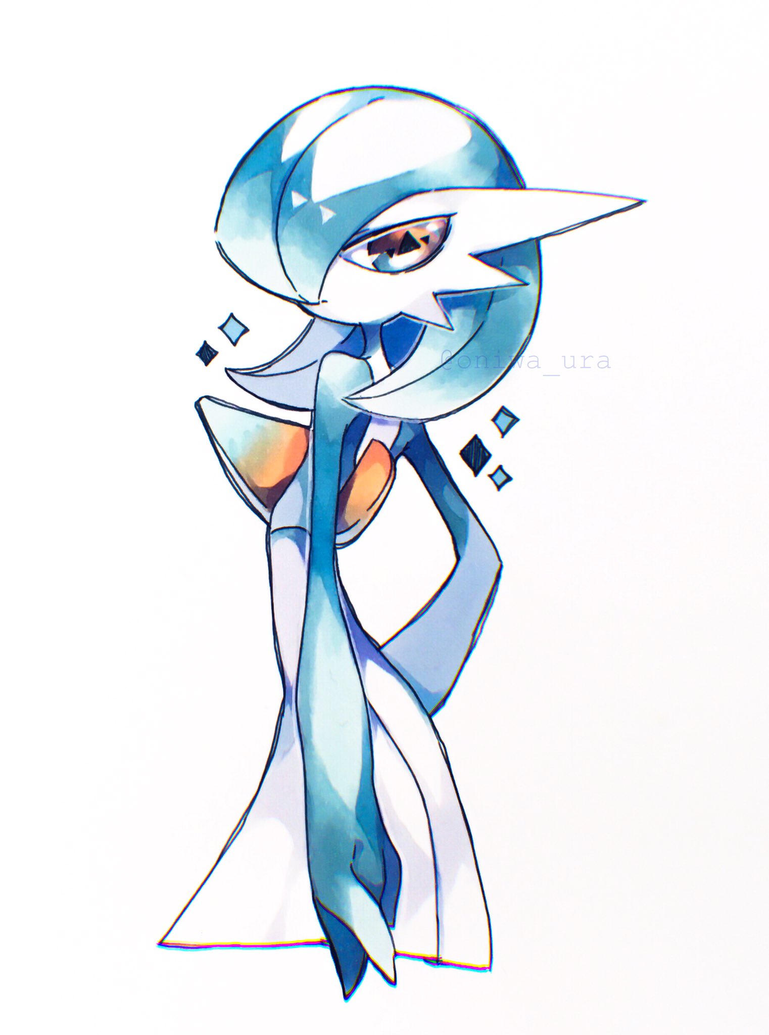 alternate_color bob_cut colored_skin dress gardevoir hair_over_one_eye highres looking_at_viewer multicolored_skin pokemon pokemon_(creature) reira_(r-suoh) shiny_pokemon simple_background sparkle two-tone_skin white_background white_dress white_skin