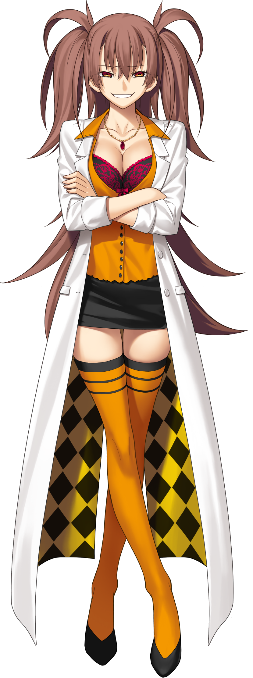 1girl bra breasts brown_hair dr._arach high_heels highres lab_coat lace lace_bra large_breasts long_hair looking_at_viewer non-web_source official_art orange_vest takeuchi_takashi tsukihime tsukihime_(remake) underwear vest