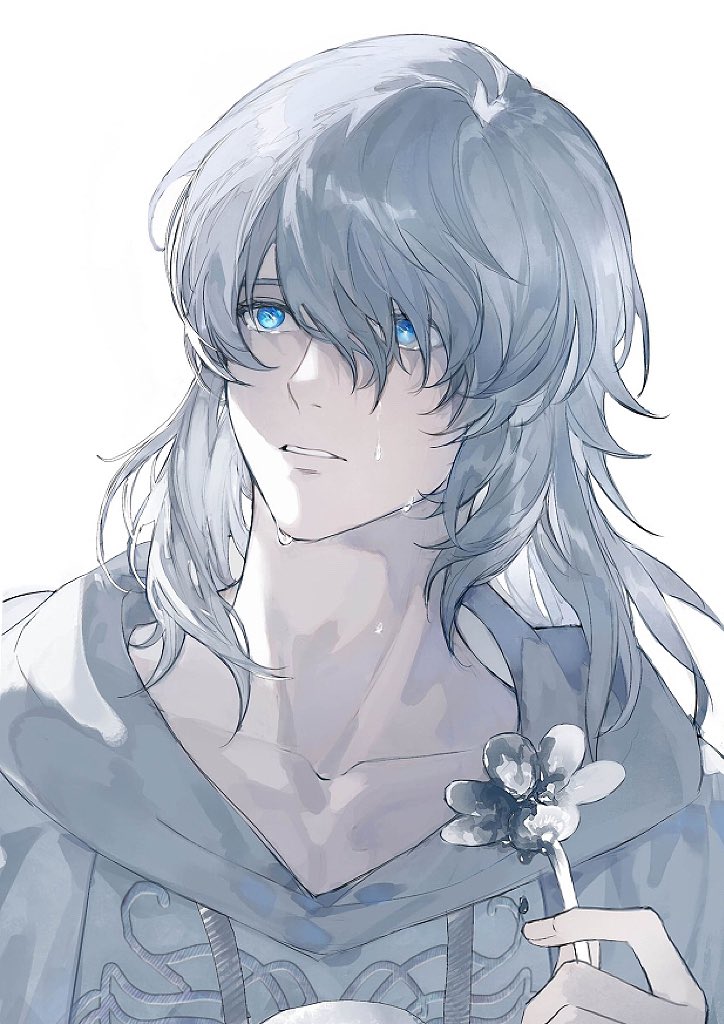 1boy androgynous bishounen blue_eyes collarbone final_fantasy final_fantasy_xiv flower grey_flower grey_hair hair_between_eyes holding holding_flower hood hood_down laoyepo looking_up male_focus medium_hair parted_lips portrait simple_background solo sophist's_robe_(ff14) tears themis_(ff14) white_background