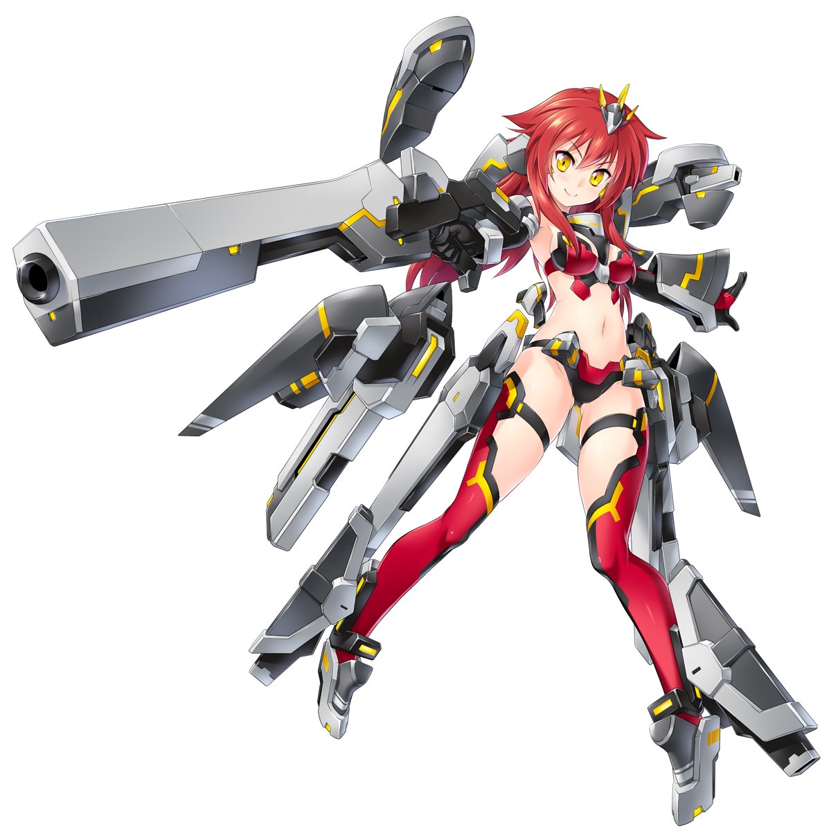 1girl armored_boots artist_request bare_shoulders bikini black_panties boots bra breasts cosmic_break cosmic_break_2 detached_sleeves drone gun headpiece highres holding holding_gun holding_weapon long_hair looking_at_viewer mecha_musume medium_breasts morizo_cs navel nirukia official_art panties red_bikini red_bra red_eyes sidelocks simple_background smile stomach swimsuit thigh_strap thighhighs third-party_source underwear weapon yellow_eyes