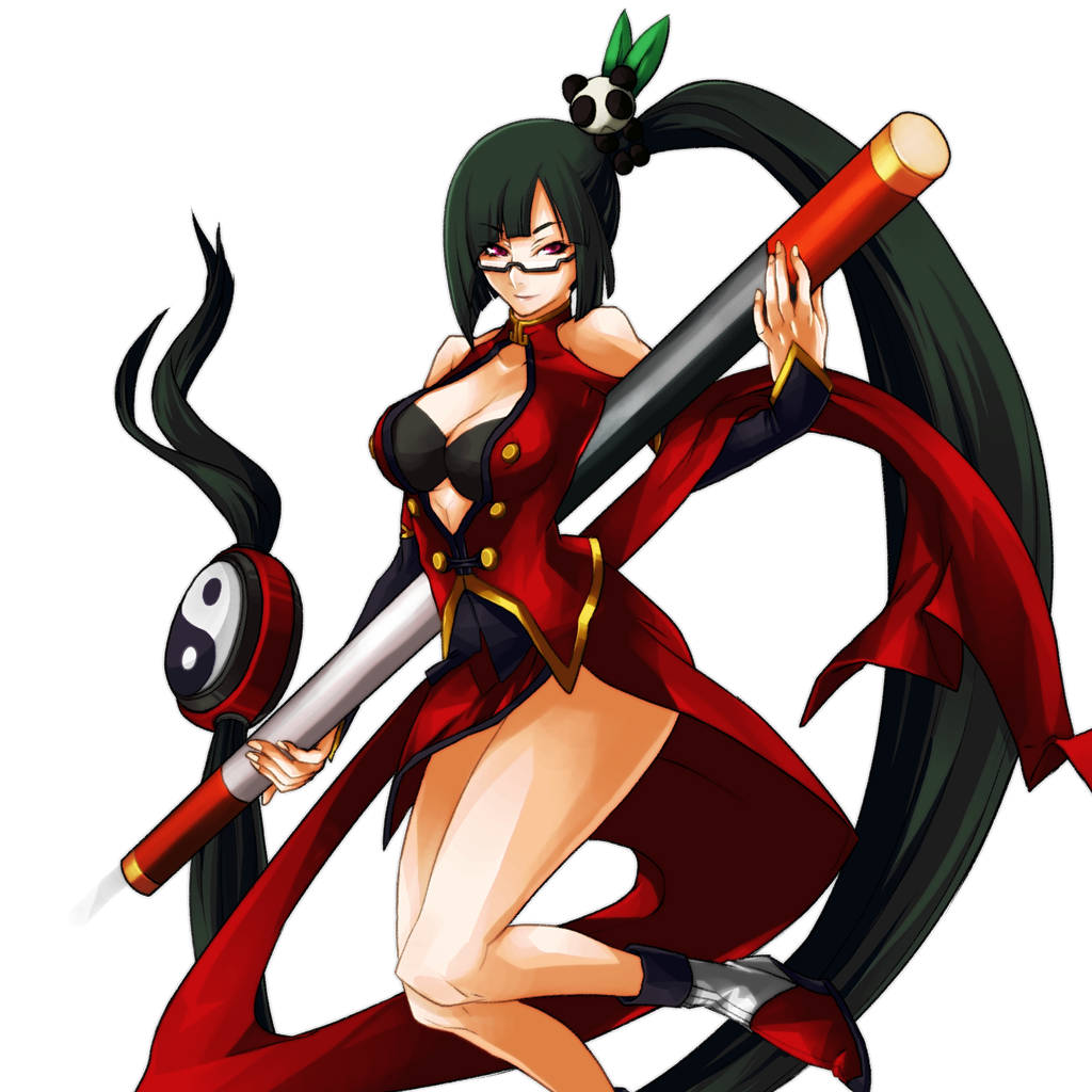 :&lt; bangs black_bra black_hair blazblue blazblue:_continuum_shift blunt_bangs boots bra breasts china_dress chinese_clothes cleavage cleavage_cutout dress fighting_stance glasses hair_ornament katou_yuuki lao_jiu large_breasts legs lingerie litchi_faye_ling long_hair naughty_face official_art panda ponytail red_eyes side_ponytail smile solo staff transparent_background turtleneck underwear very_long_hair weapon yin_yang
