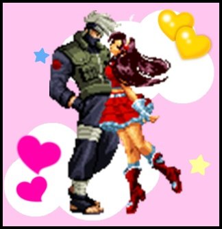 1girl artist_request asamiya_athena bandaged_leg bandages blue_footwear blue_gloves blue_pants blue_shirt boots brown_hair closed_eyes couple crossover flak_jacket forehead_protector full_body gloves grey_hair hands_in_pockets hatake_kakashi heart hetero high_heel_boots high_heels imminent_kiss knee_boots long_hair long_sleeves lowres miniskirt naruto naruto_(series) ninja open_toe_shoes pants pink_background pixel_art red_skirt shirt simple_background skirt spiked_hair standing standing_on_one_leg star the_king_of_fighters toeless_boots