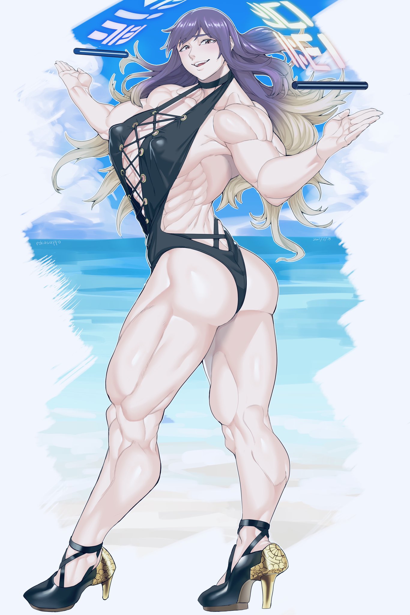 1girl abs ass backless_swimsuit bare_arms bare_legs bare_shoulders beach blonde_hair brown_eyes covered_nipples day floating_hair full_body furrowed_brow gradient_hair halterneck hands_up high_heels highres hijiri_byakuren horizon kneepits kugara4423 legs_apart lips long_hair looking_at_viewer multicolored_hair muscular muscular_female ocean one-piece_swimsuit open_mouth outdoors outstretched_arm purple_hair sand scroll shoes smile smug solo sorcerer's_sutra_scroll standing swimsuit touhou twisted_torso two-tone_hair very_long_hair