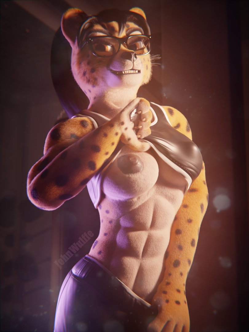 3:4 3d_(artwork) abs amber_eyes anthro areola athletic athletic_anthro athletic_female athletic_wear black_hair bottomwear bra breasts cheetah chenira_(johnwulffe) clothed clothing clothing_lift digital_media_(artwork) erect_nipples eyewear facial_markings felid feline felis female fur glasses grin gym gym_bottomwear gym_shorts hair head_markings inside johnwulffe long_hair looking_at_viewer mammal markings medium_breasts muscular muscular_anthro muscular_female nipple_outline nipples partially_clothed shorts smile solo sports_bra spots spotted_body spotted_fur standing teeth tight_clothing underwear underwear_down undressing upper_body whiskers yellow_body yellow_fur
