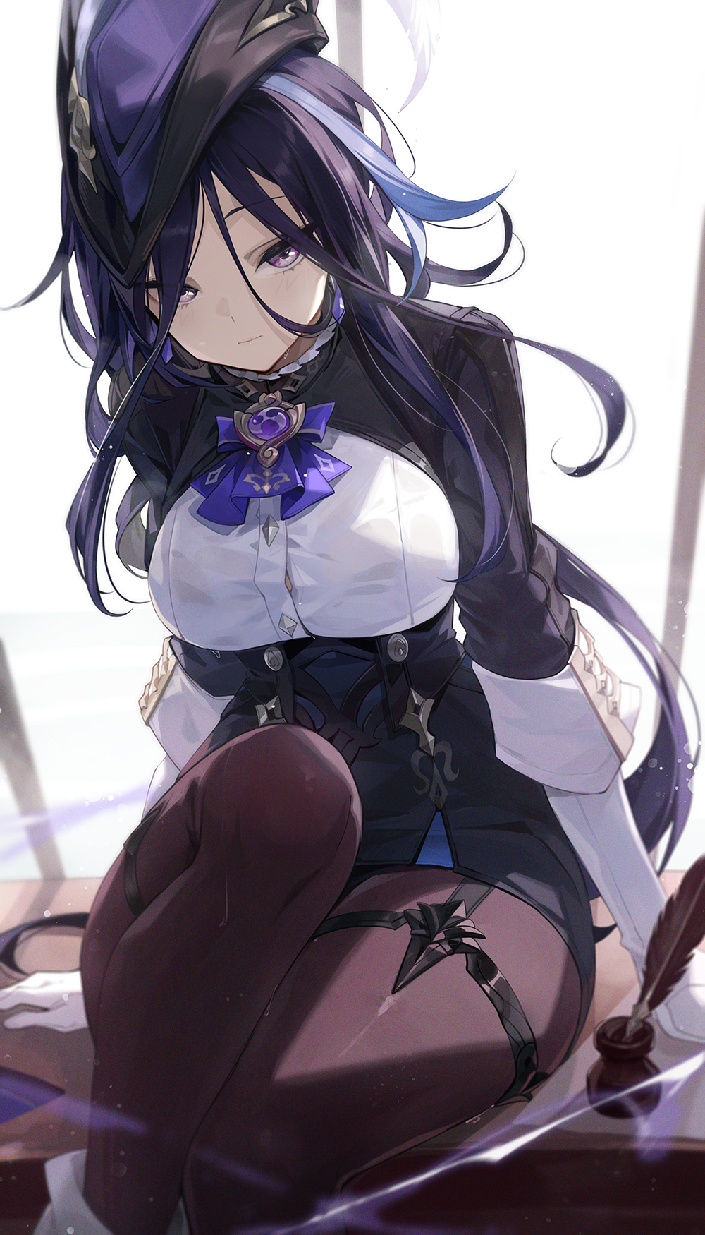 1girl black_corset blue_hair breasts button_gap clorinde_(genshin_impact) closed_mouth commentary corset dark_blue_hair elbow_gloves epaulettes expressionless fold-over_gloves framed_breasts genshin_impact gloves goomrrat hat hat_feather highres large_breasts long_hair looking_at_viewer low_ponytail purple_eyes shirt simple_background sitting solo taut_clothes taut_shirt thighs tricorne vision_(genshin_impact) white_gloves white_shirt