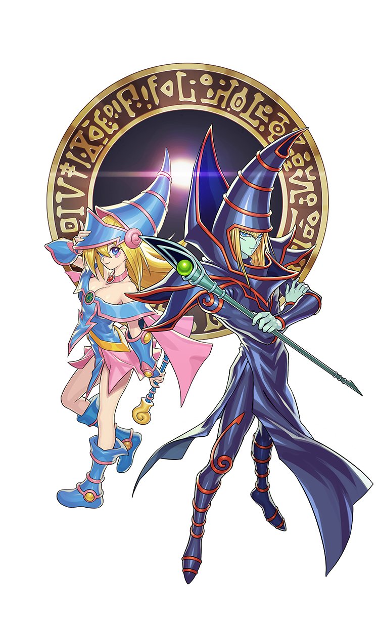 1boy 1girl adjusting_clothes adjusting_headwear armor bare_shoulders blue_dress blue_eyes blue_footwear blue_hat blue_skin blush_stickers boots breasts cape colored_skin crossed_arms dark_magician dark_magician_girl dress duel_monster full_body hat highres holding holding_staff large_breasts magic_circle pink_cape pink_skirt purple_armor purple_hat purple_robe ringo_ringogoo robe skirt smile staff teacher_and_student witch wizard yu-gi-oh!