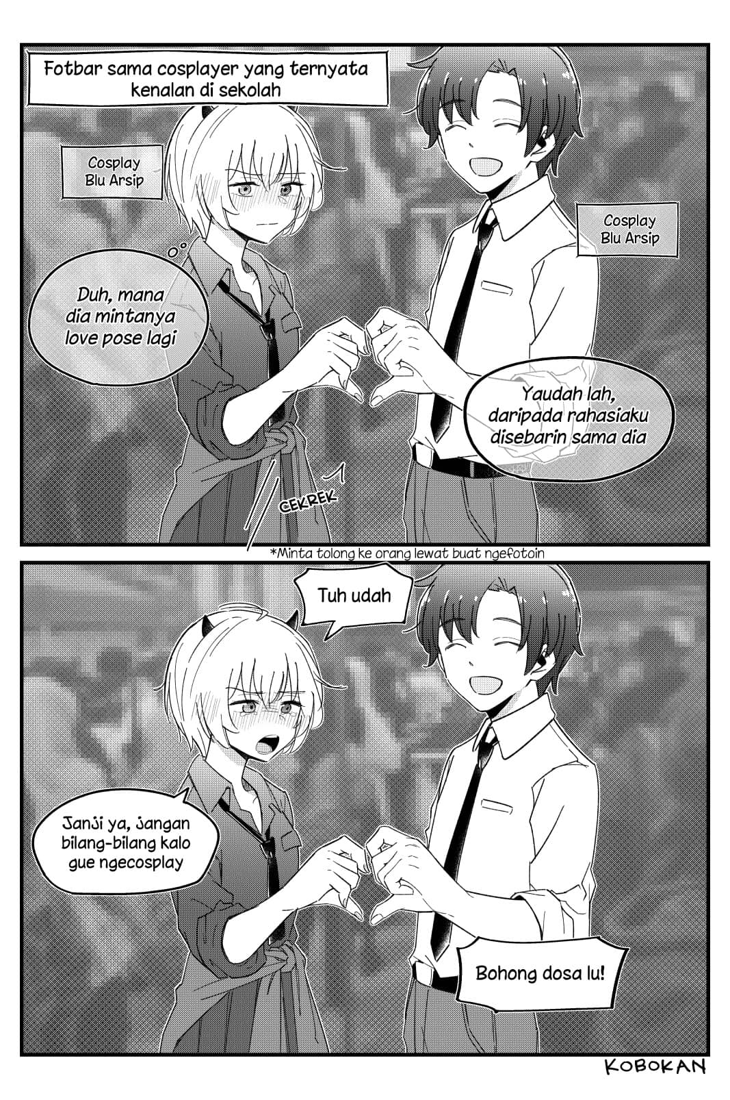 1boy 1girl artist_name blue_archive blush closed_eyes clothes_around_waist commentary cosplay erika_(blue_archive) erika_(blue_archive)_(cosplay) greyscale heart heart_hands heart_hands_duo highres horns indonesian_commentary indonesian_text jacket jacket_around_waist kurokobokan monochrome necktie original sensei_(blue_archive) sleeves_rolled_up speech_bubble translated