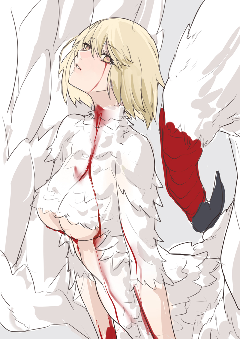 1girl ban!_(bansankan) bleeding blonde_hair blood blood_from_eyes blood_on_face breasts commentary_request dungeon dungeon_meshi falin_touden falin_touden_(chimera) feathered_wings hair_between_eyes looking_at_viewer medium_breasts monster_girl parted_lips simple_background slit_pupils solo taur underboob wings yellow_eyes