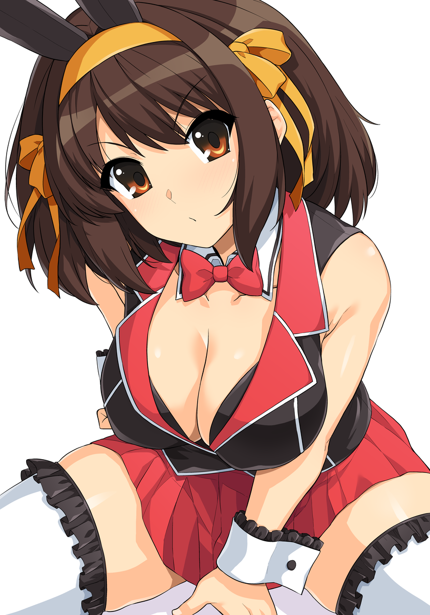 1girl animal_ears black_jacket bob_cut bow bowtie breasts brown_eyes brown_hair cleavage closed_mouth collarbone fake_animal_ears frilled_thighhighs frills hair_ribbon hairband haruhisky highres jacket looking_at_viewer medium_hair nontraditional_playboy_bunny rabbit_ears red_bow red_bowtie red_skirt ribbon simple_background sitting skirt sleeveless sleeveless_jacket solo suzumiya_haruhi suzumiya_haruhi_no_yuuutsu thighhighs white_background white_thighhighs white_wrist_cuffs wrist_cuffs yellow_ribbon