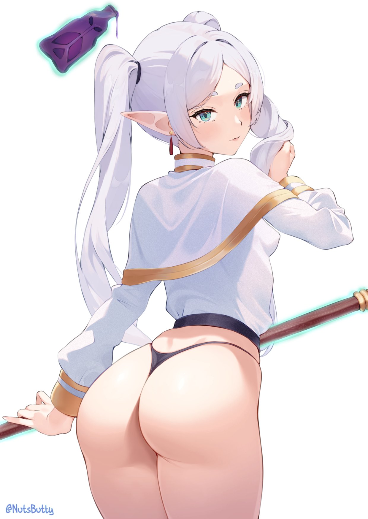 1girl ass blue_eyes bottle earrings elf frieren highres jewelry long_hair long_sleeves looking_at_viewer looking_back nutsbutty pointy_ears solo sousou_no_frieren thong twintails white_background white_hair