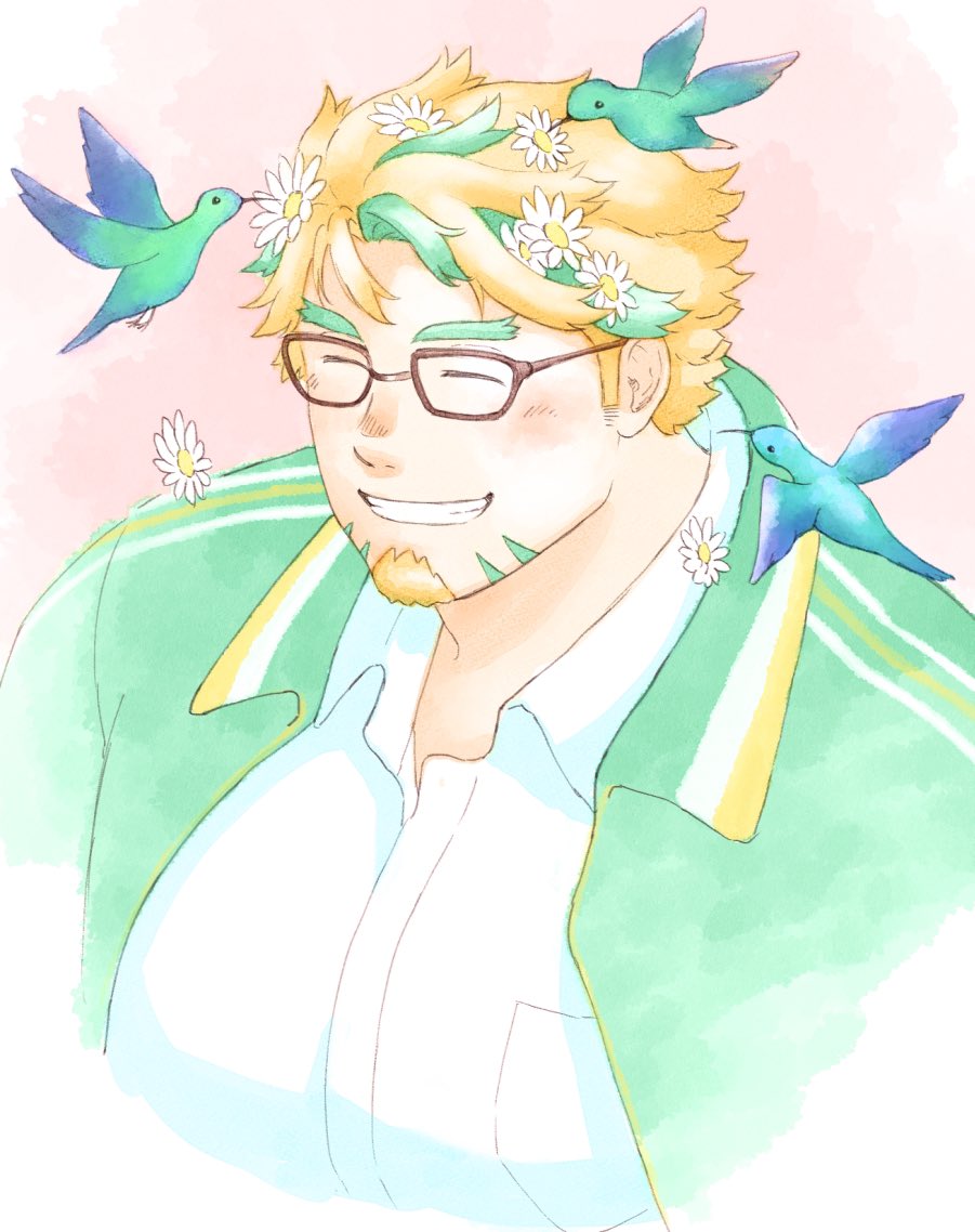 1boy bara bird closed_eyes facial_hair flower glasses goatee green_jacket grin hair_flower hair_ornament happy hippolytus_(housamo) hummingbird jacket male_focus orange_hair pink_background shirt short_hair smile solo tokyo_afterschool_summoners unplugged_line white_flower white_shirt