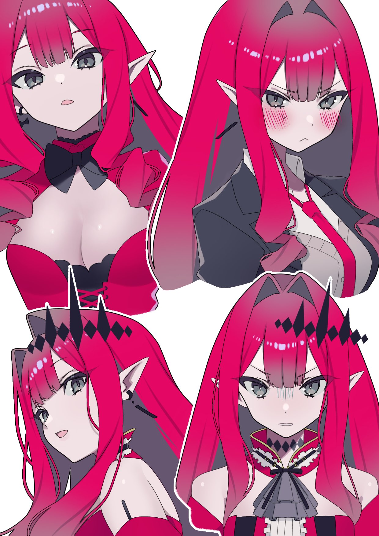 1girl baobhan_sith_(fate) baobhan_sith_(first_ascension)_(fate) bare_shoulders black_jacket blush breasts center_frills cleavage cleavage_cutout clothing_cutout collared_shirt detached_collar dress earrings fate/grand_order fate_(series) forked_eyebrows frills grey_eyes hair_ornament highres jacket jewelry katashiro large_breasts long_hair looking_at_viewer multiple_views necktie open_mouth pink_hair pointy_ears red_dress revealing_clothes shirt sidelocks smile tiara white_shirt