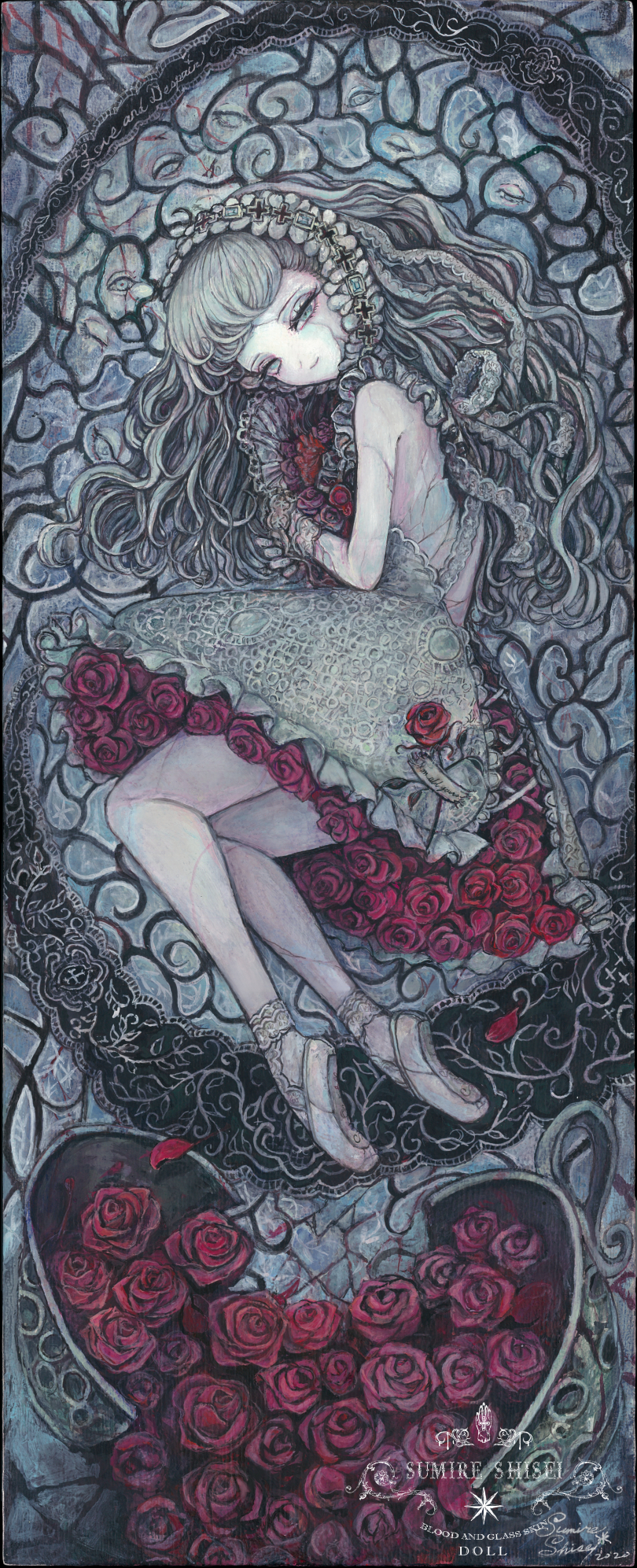 1girl acrylic_paint_(medium) ballet_slippers bare_shoulders broken_cup commentary_request cracked_skin doll dress flower full_body goth_fashion grey_eyes grey_hair hairband heterochromia highres lace long_hair looking_at_viewer lying on_side original painting_(medium) pale_skin petals red_flower red_rose rose smile sumire_shisei traditional_media wavy_hair white_eyes