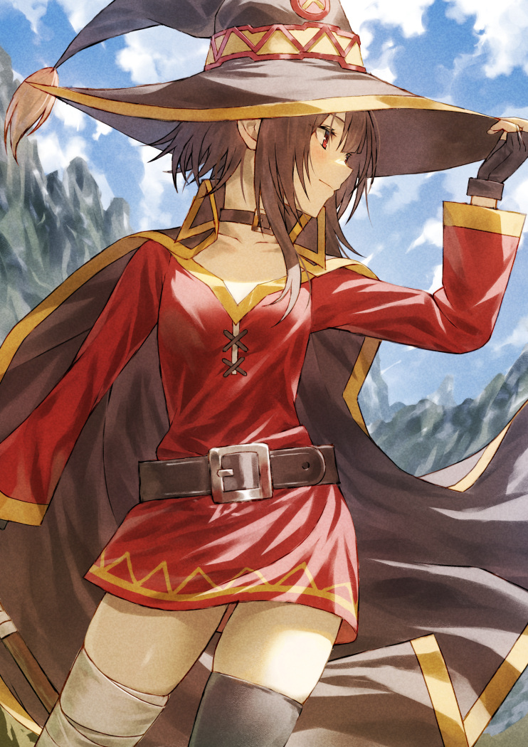 1girl arm_at_side asymmetrical_legwear bandaged_leg bandages belt belt_collar black_belt black_cape black_gloves black_hat black_thighhighs blue_sky brown_hair button_eyes buttons cape closed_mouth cloud cloudy_sky collar commentary_request cowboy_shot day dress fagi_(kakikaki) fingerless_gloves flat_chest floating_cape gloves hand_on_headwear hat kono_subarashii_sekai_ni_shukufuku_wo! light_blush long_sleeves looking_to_the_side megumin mismatched_legwear mountain outdoors paid_reward_available profile red_dress red_eyes short_hair short_hair_with_long_locks sidelocks single_thighhigh sky smile solo standing thighhighs witch_hat