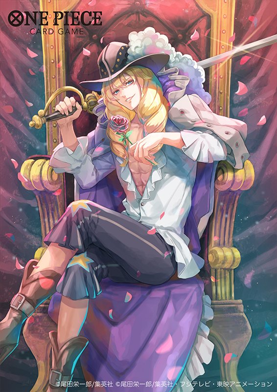 1boy abs bisaiiiii blonde_hair boots cavendish chair coat coat_on_shoulders commentary_request copyright_name crossed_legs drill_hair flower frilled_shirt frills hair_between_eyes hat_feather holding holding_flower holding_sword holding_weapon looking_at_viewer male_focus official_art on_chair one_piece one_piece_card_game over_shoulder red_flower red_rose rose shirt smile solo sword unsheathed weapon weapon_over_shoulder